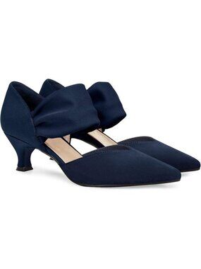 Women's Navy Low Kitten Heel Pointed Toe Slip On Ankle Strap Shoes